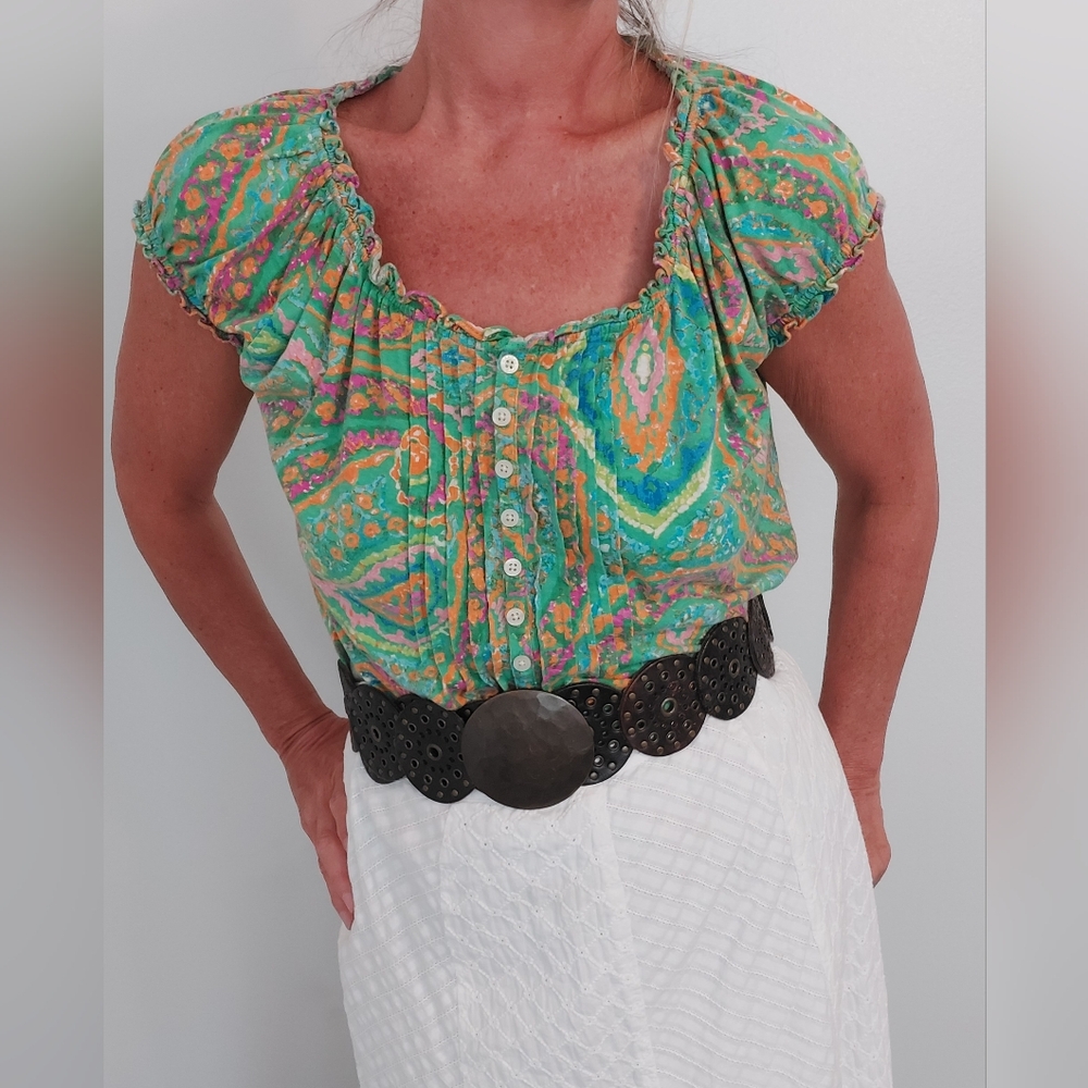 Ralph Lauren Green and Orange Ruffled Cap Sleeve Blouse Size Large